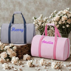personalized striped kids duffel bag (17.7") custom name overnight/sports bag